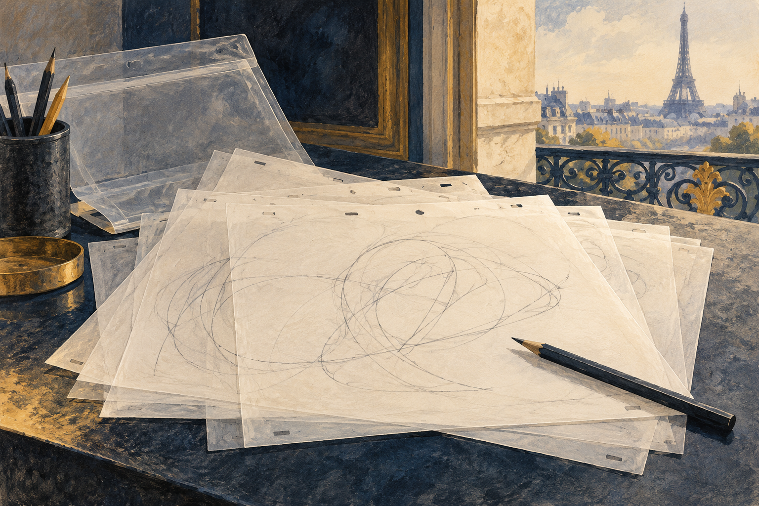 Ilustración simbólica de láminas transparentes genéricas y lápices sobre una mesa con un paisaje parisino al fondo; no representa los lotes de la subasta.