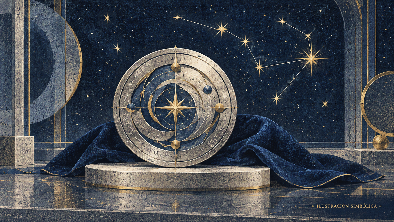 Composición abstracta de estrellas, un medallón plateado y una tela azul; ilustración simbólica, no representa la figura real.