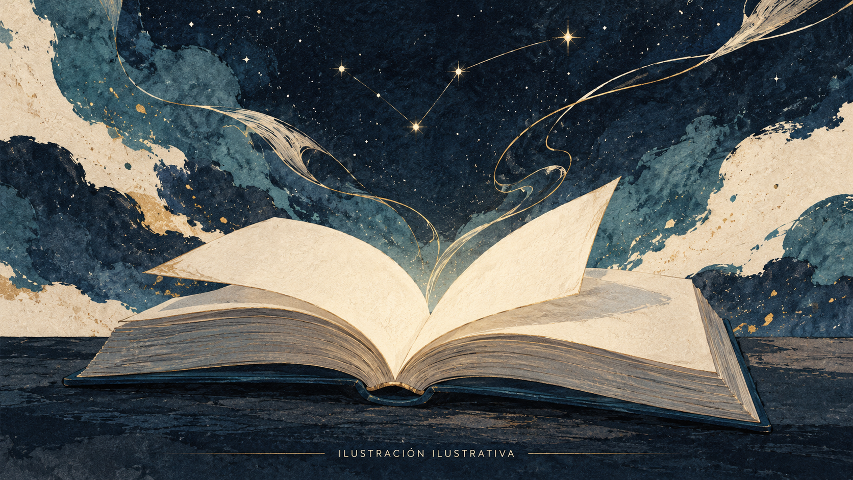 Libro genérico abierto bajo un cielo estrellado con trazos de tinta; ilustración simbólica, no representa la obra ni a sus personajes.