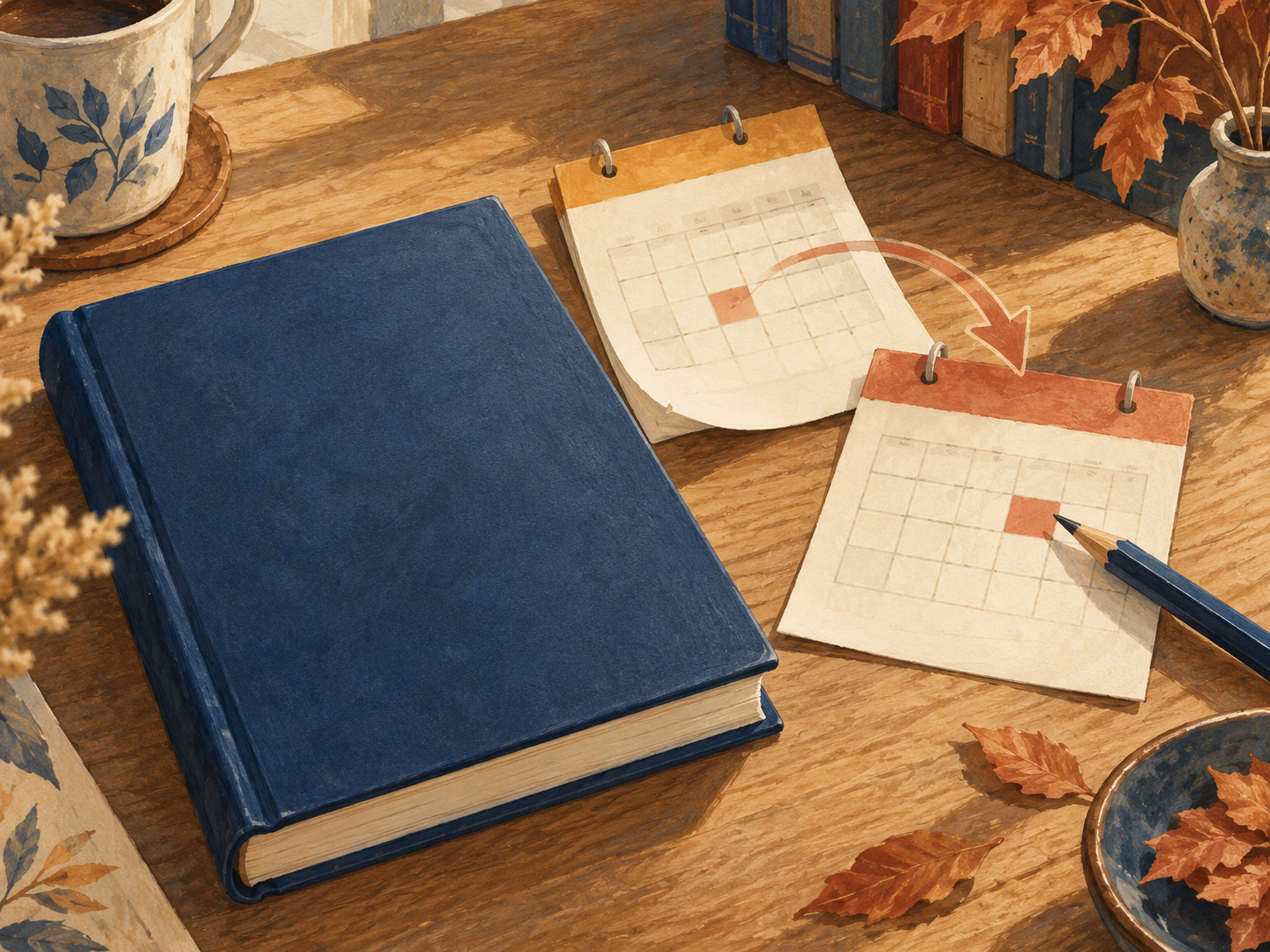 Ilustración simbólica de un libro cerrado junto a un calendario que se desplaza a otra fecha; no muestra la obra ni una fecha legible.