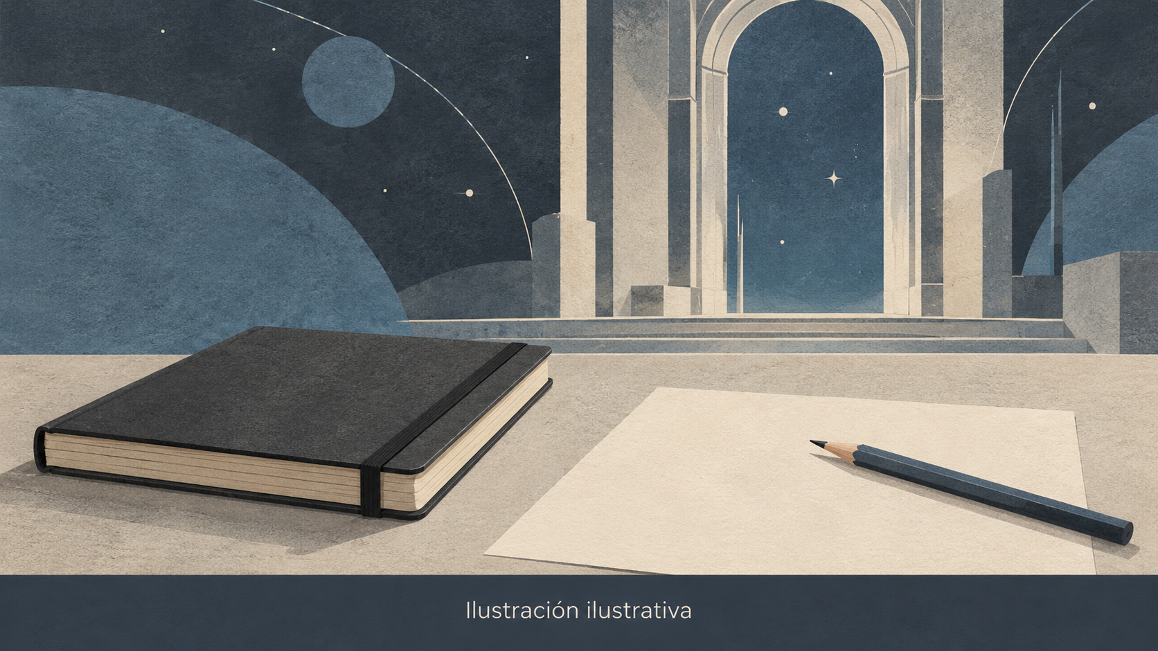 Ilustración ilustrativa: un cuaderno cerrado y un lápiz ante una entrada abstracta y un cielo de estrellas genéricas; no representa el encargo real.